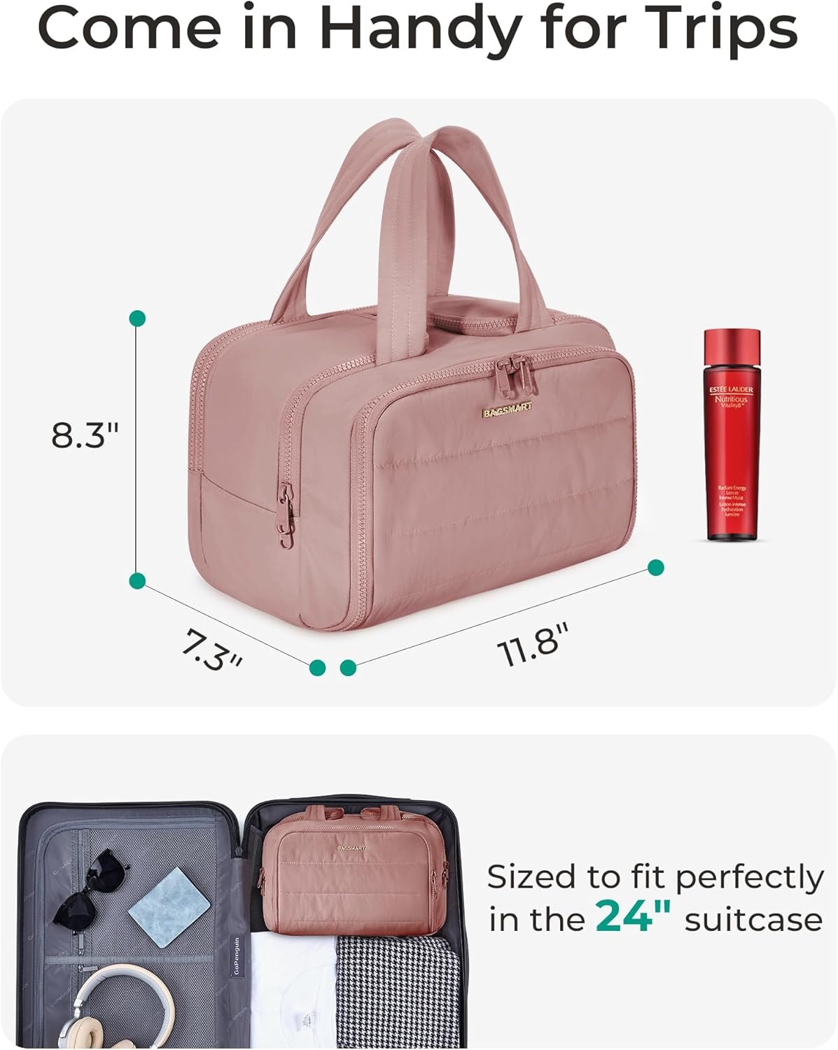 BAGSMART Travel Toiletry Bag, Lightweight Large Wide-open Travel Bag for Women, Puffy Cosmetic Makeup Bag Organizer with Handle for Accessories,Essentials, Toiletries, Dark Pink - Image 5