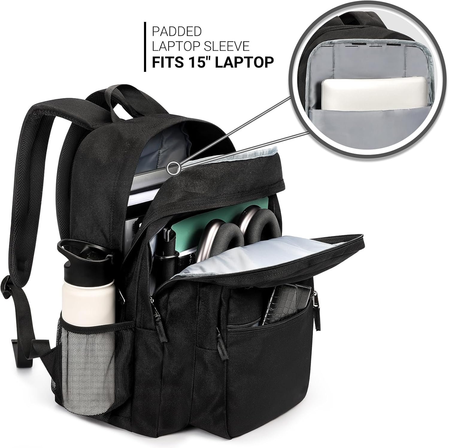 ZORFIN 26L Black Backpack for College, and Travel: Water Resistant Bookbag - Image 4